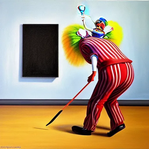 Image similar to hyperrealism painting from the housefly perspective getting swatted at from an angry and sick clown man with a fly swatter in the kitchen