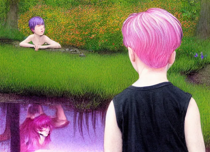 Image similar to pink haired boy backlit staring at black haired boy from across a pond, by alan lee, muted colors, springtime, colorful flowers & foliage in full bloom, sunlight filtering through trees & skin, digital art, art station cfg _ scale 9