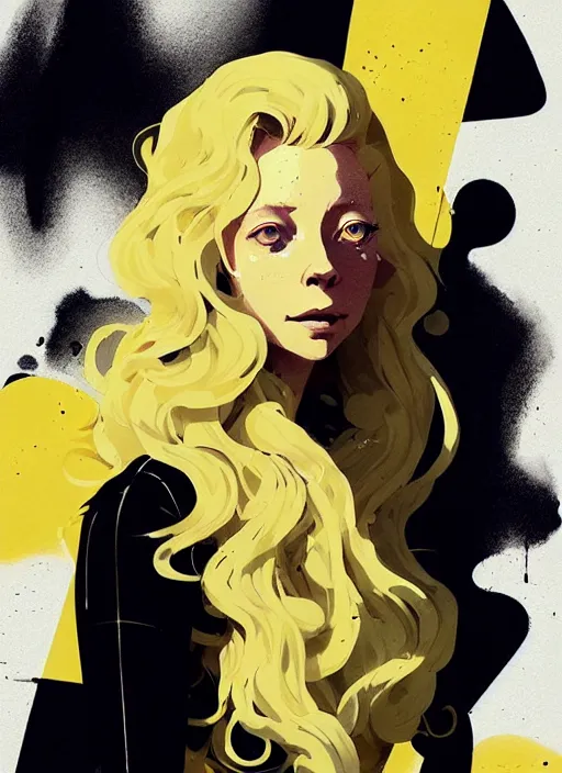 Image similar to highly detailed closeup portrait of beautiful portia doubleday, blonde wavy hair, angela moss, black suit by atey ghailan, by greg rutkowski, by greg tocchini, by james gilleard, by joe fenton, by kaethe butcher, gradient yellow, black and white color scheme, grunge aesthetic!!! ( ( graffiti tag wall background ) )