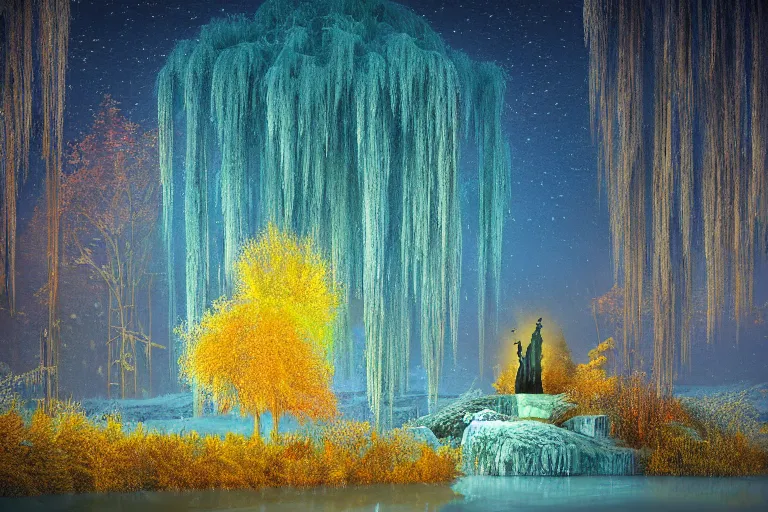 Image similar to a magical weeping willow tree in a mystical atmosphere during autumn and blessed by fae, on a frozen river with orange and yellow leaves and aurora borealis by denis forkas and alan lee, rendered in mandlbulb3d