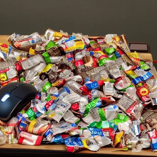 Prompt: a computer desk with screen mouse and keyboard covered and piled with discarded food and crushed soda cans and used chocolate wrappers