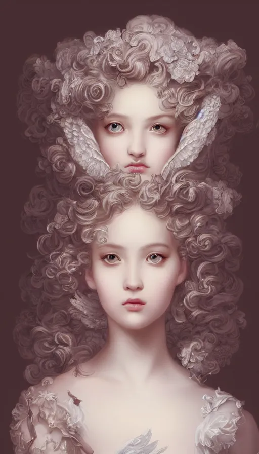 Image similar to pop surrealism, rococo, baroque hair, angelic young female seductive - fine - face, pretty face, key visual, realistic shaded perfect face, fine details by stanley artgerm lau, wlop, nekro, james jean, andrei riabovitchev, marc simonetti, and sakimichan, trending on artstation