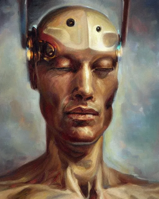 Image similar to sweet interesting portrait of a dreaming cyborg man, oil painting. HD