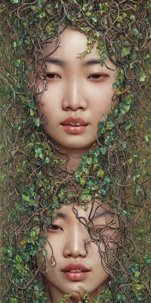 Prompt: very beautiful highly detailed and expressive oil painting of an asian woman's face dissolving into vines and plants by james jean, by kim jung gi, masterpiece, dynamic lighting, intricate linework, 8 k, flowers