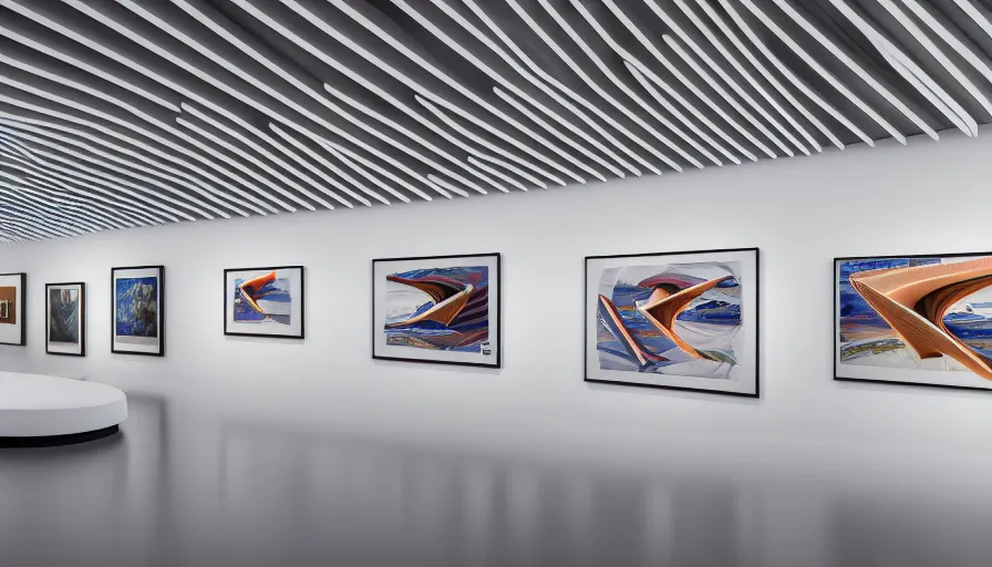 Prompt: interior futuristic art gallery wide angle highly detailed by santiago calatrava, three wall hanging paintings famous pieces bycavallini!, captivating 8 k hdr, octane render godrays hyperrealism