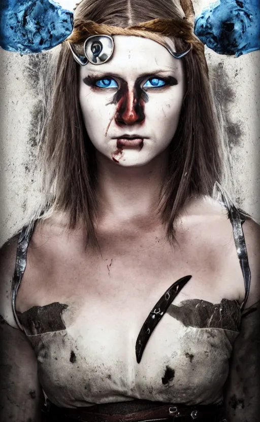 Image similar to photorealistic portrait of female viking warrior with black hair and bloody nose, blue eyes, porcelain skin, shoulders, determined