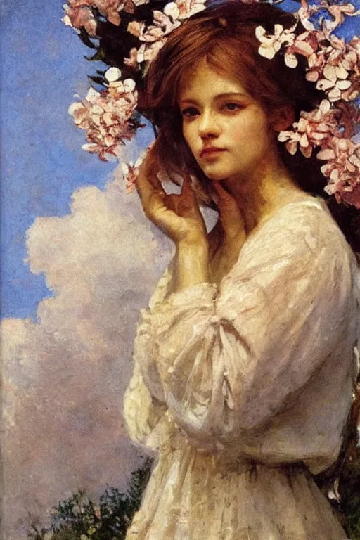 Image similar to close - up fashion woman portrait airy flowers clouds art by vasnetsov