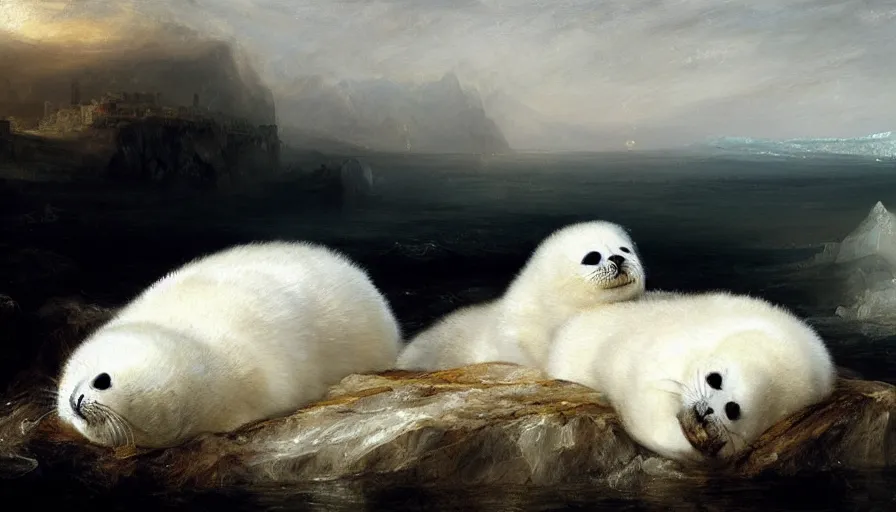 Image similar to highly detailed painting of cute furry white baby seals cuddling into each other on an iceberg by william turner, by greg rutkowski, by william constable, thick brush strokes and visible paint layers, 4 k resolution