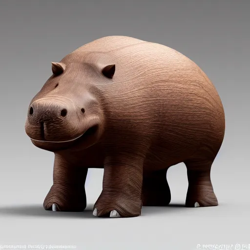 Prompt: studio shot, side view of a simplified hippo figurine ( carved from mahogony wood )!!!! and centered on a white to grey gradient background, wood grain!!!, photorealistic, hyperrealistic, influenced by pixar, 8 k hd, octane render, unreal engine, featured on cgsociety