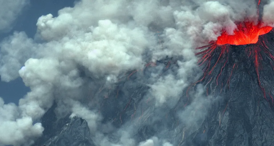 Image similar to a volcano made of ivory vines and crimson rocks enters in eruption, it spits a smoke in the shape of demonic eye, from Starcraft