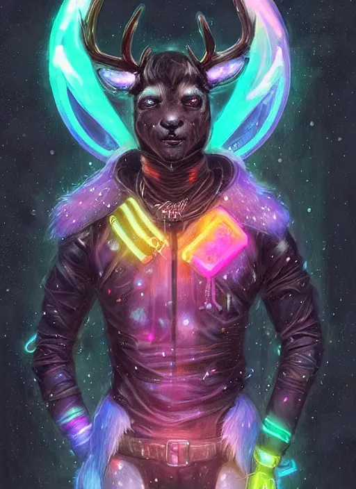 Image similar to award winning beautiful portrait commission of a male furry anthro Black Reindeer cyberpunk fursona with a tail, wings, wings, wings and a cute beautiful attractive detailed furry face wearing stylish black and rainbow galaxy clothes, outline, in a cyberpunk city at night while it rains. Character design by charlie bowater, ross tran, artgerm, and makoto shinkai, detailed, inked, western comic book art