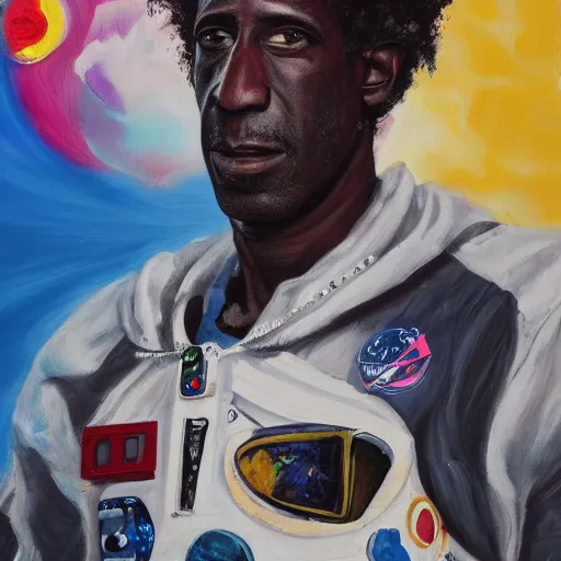 Image similar to a messy painting of Saul Williams in space.Trending on ArtStation