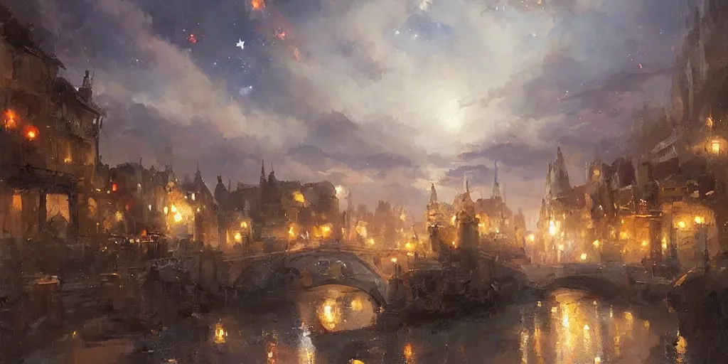 Prompt: stunning landscape painting of an city from 1 7 0 0 with stars in the sky by krenz cushart
