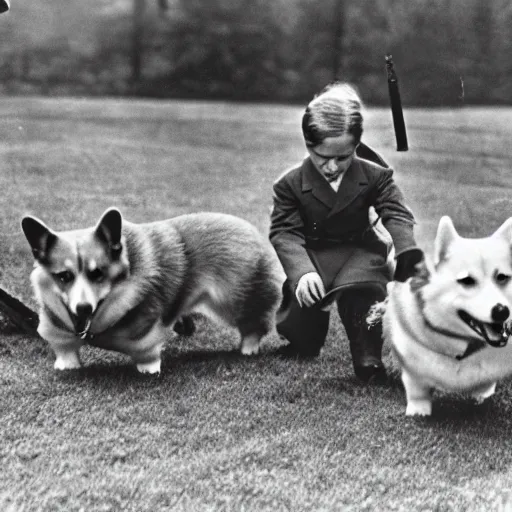 Prompt: historical photo of queen elizabeth and her corgis defeating hitler in battle, natural sunlight, sharp focus, highly detailed, depth of field