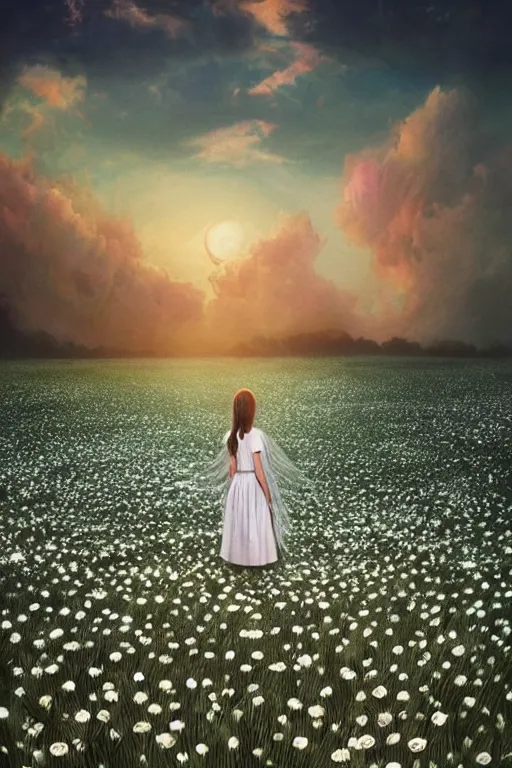 Image similar to giant white daisy flower veil, girl standing in a flower field, surreal photography, sunrise, dramatic light, impressionist painting, colorful clouds, digital painting, artstation, simon stalenhag