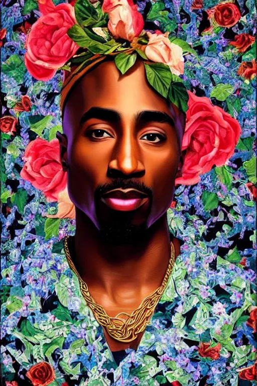 Prompt: Tupac, portrait by Kehinde Wiley!!, roses, oil paint on canvas, painterly brushstrokes, cool colors,