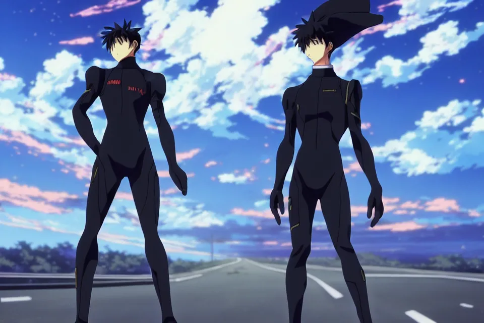 Image similar to anime illustration of ikari shinji wearing a black plugsuit on an empty road, cinematic lighting, evangelion anime poster, rebuild of evangelion 1 0 8 0 p, 9 0 s anime aesthetic, volumetric lights, rule of thirds, unreal engine render, pinterest wallpaper, trending on artstation