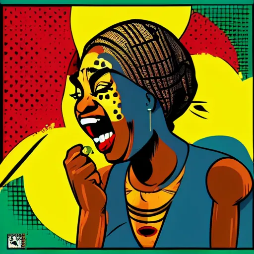 Image similar to mama africa laugh at her child!!! pop art, pixel, bioshock, gta chinatown, artgerm, richard hamilton, mimmo rottela, julian opie, aya takano, intricate, sharp focus, concept art, smooth