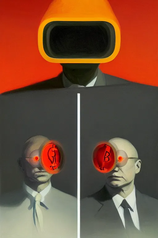 Image similar to sathoshi nakamoto wearing oculus and bitcoin over his head edward hopper and james gilleard, zdzislaw beksisnski, higly detailed