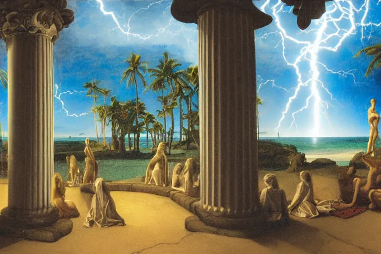 Image similar to Occult spirit on front of balustrade and palace columns, refracted lightnings on the ocean, thunderstorm, tarot cards characters, beach and Tropical vegetation on the background major arcana sky and occult symbols, by paul delaroche, hyperrealistic 4k uhd, award-winning, very detailed paradise