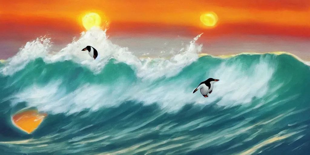 Image similar to penguin surfing a wave at the sunrise, art station, art deco