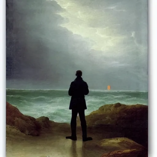 Prompt: man looking out over a stormy ocean, romanticism, by Caspar Friedrich