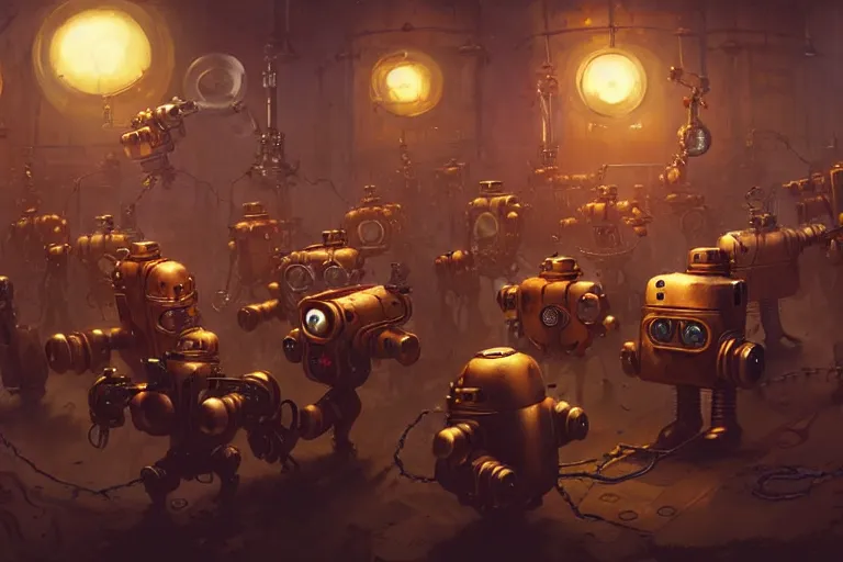 Image similar to steampunk robots dancing by otto dix and greg rutkowski and andreas rocha, cinematic lighting, highly detailed, warm colours, 4 k