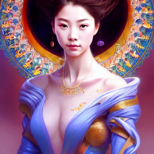 Prompt: ‘ a full portrait of elegant Chinese princess, D&D, blue eyes, fire hair, fantasy, intricate, elegant, highly detailed, digital painting, artstation, concept art, smooth, sharp focus, illustration, art by artgerm and greg rutkowski and alphonse mucha’