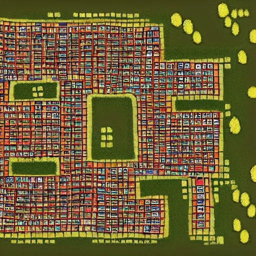 Image similar to D&D map of a village on fire, top down, square grid