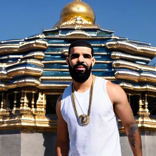 Image similar to drake posing for photo, gold chain necklace, high fade buzz cut, beard, hindu temple in background