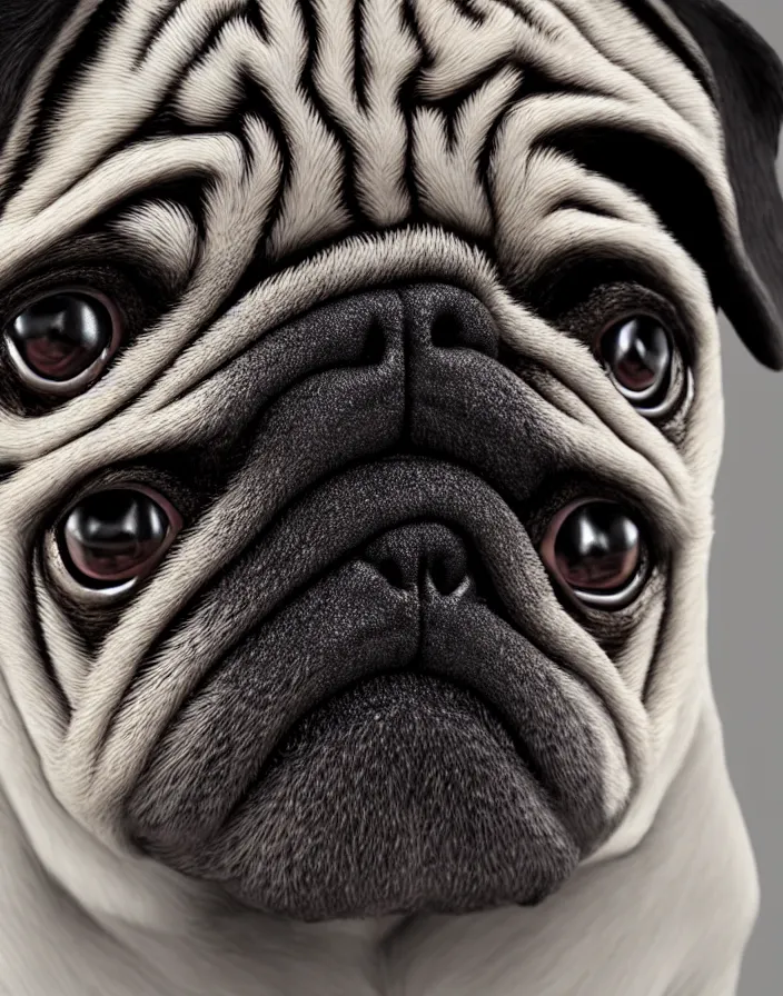 Image similar to a pug face mixed with Boris the animal mask, intricate artwork by artstation. octane render, cinematic, hyper realism, 8k, depth of field.