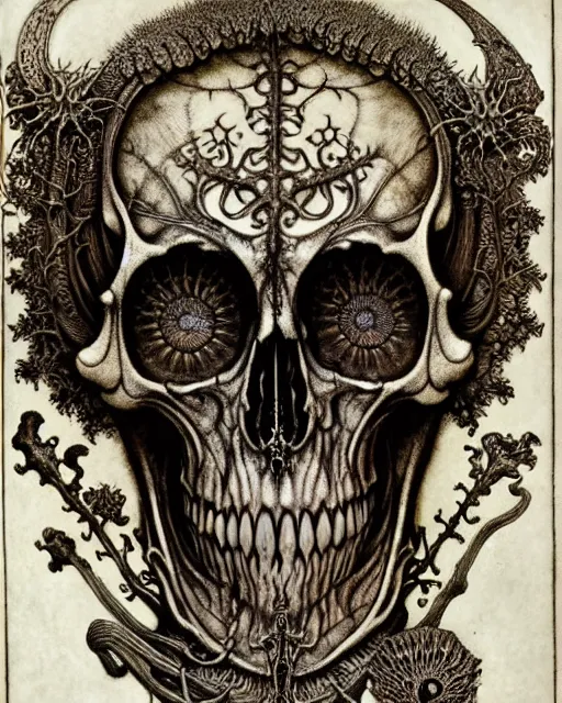 Image similar to memento mori by arthur rackham, art forms of nature by ernst haeckel, exquisitely detailed, art nouveau, gothic, ornately carved beautiful skull dominant, intricately carved antique bone, art nouveau botanicals, ornamental bone carvings, art forms of nature by ernst haeckel, horizontal symmetry, arthur rackham, ernst haeckel