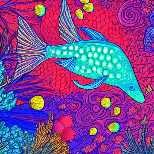 Prompt: coral underwater colorful, fantasy, intricate, highly detailed, little fish and sea life digital painting, hd, trending on artstation, illustration, fine lines, sharp edges, colourful,