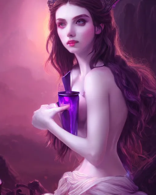 Image similar to Amouranth writing on herself, accurate details, detailed face, purple liquid in cup glowing, fantasy, dramatic, intricate, elegant, highly detailed, digital painting, artstation, concept art, smooth, sharp focus, illustration, art by Gustave Dore, octane render