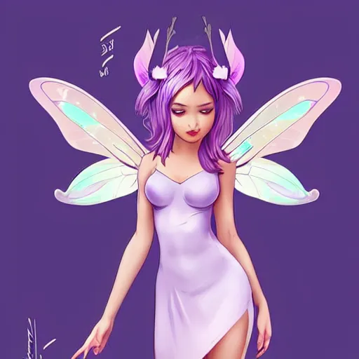 Image similar to very very very beautiful tiny fairy woman in her 20s with fairy wings wearing skintight purple dress, making eye contact, smiling, flirty, perfect body, perfect face, drawn by artgerm