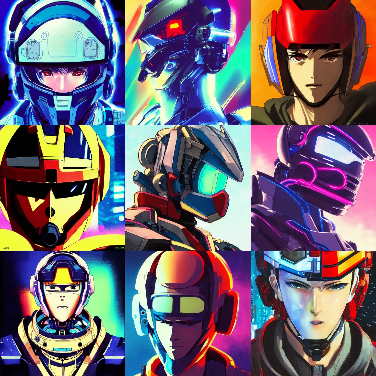 Prompt: anime manga cyberpunk 🧔🏿♂ gundam pilot portrait with an intricate futuristic urban inspired helmet, hyperrealistic oil painting, by makoto shinkai and ilya kuvshinov and lois van baarle and rossdraws and basquiat, trending on artstation, cmyk, chromatic aberration, bright neon color palette,