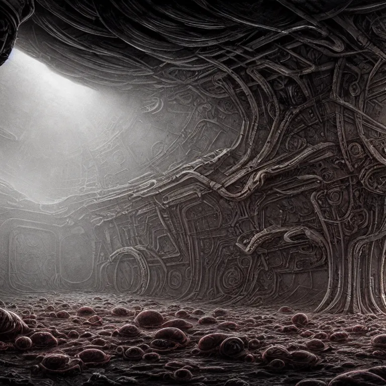 Prompt: ribbed surreal abandoned biomechanical alien spaceship interior halls on exoplanet, covered in organic flesh meat, in a desolate empty wasteland, creepy, nightmare, dream-like heavy atmosphere, surreal abandoned buildings, beautiful detailed intricate insanely detailed octane render trending on Artstation, 8K artistic photography, photorealistic, chiaroscuro, Raphael, Caravaggio, Beksinski, Giger