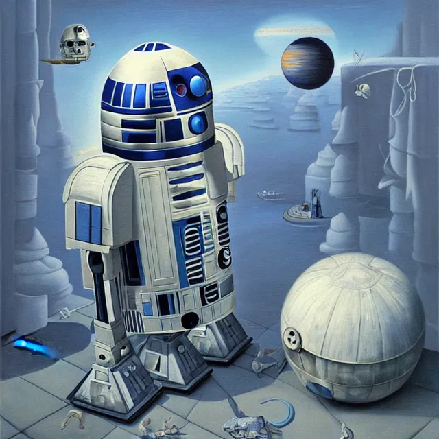 Image similar to an oil on canvas portrait painting of r 2 d 2, surrealism, surrealist, cosmic horror, rob gonsalves, high detail