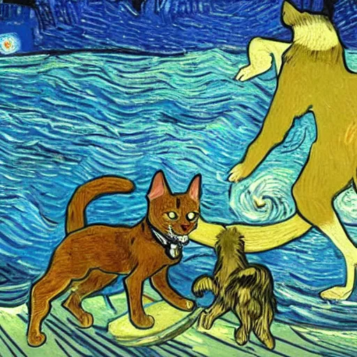 Image similar to dog and a cat surfing the sea during twilight in van gogh style