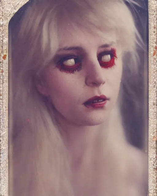 Prompt: an instant photo of a beautiful but sinister woman in layers of fear, with haunted eyes and matted blonde hair, 1 9 7 0 s, seventies, delicate embellishments, a little blood, crimson, painterly, offset printing technique, mary jane ansell