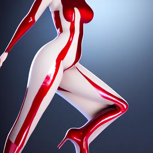 Image similar to a curvy pale goth goddess wearing an elegant modest tight shiny red-silver striped latex high-neck dress, cgsociety, photorealistic, sublime-cool-hot-hyperadvanced-dark ambience, 16k, smooth, sharp focus, trending on ArtStation, volumetric lighting, fully clothed, thin waist