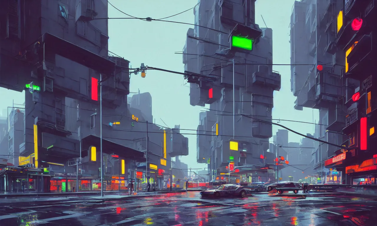 Image similar to photorealistic streetscape, simple brutalist architecture, metal, concrete, wet streets, white neon lights, colorful neon signs, flying vehicles, pedestrians, syd mead, ralph mcquarrie, doug chiang, concept art, matte painting, finely detailed, minimal artifacts, rule of thirds, dynamic lighting, cinematic, denoised, centered, artstation