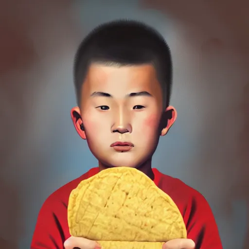 Prompt: dramatic portrait of chinese boy buzz cut, holding a taco, digital painting