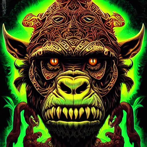 Image similar to barong family member, wiwek, mara demon, one single tribe member, jungle, one single mask, dark, ancient warrior, gorilla, lizard, tribal, inner glow, art by dan mumford and justin gerard