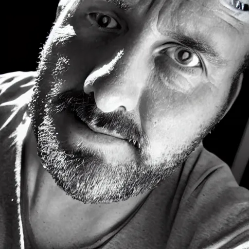 Prompt: a real photograph of Ethan Van Sciver with a pointed nose, bald head and grey beard