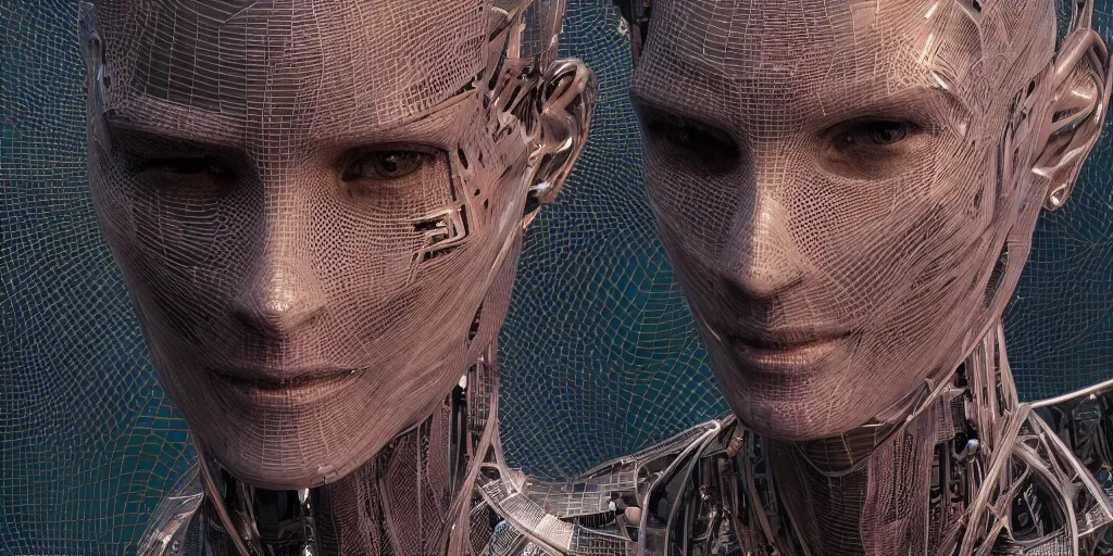 Image similar to hyperrealistic mixed media portrait of humanoid roboter forward angle, stunning 3d render inspired art by P. Craig Russell and Barry Windsor-Smith + perfect facial symmetry + dim volumetric lighting, 8k octane beautifully detailed render, post-processing, extremely hyperdetailed, intricate complexity, epic composition, grim yet sparkling atmosphere, cinematic lighting + masterpiece, trending on artstation