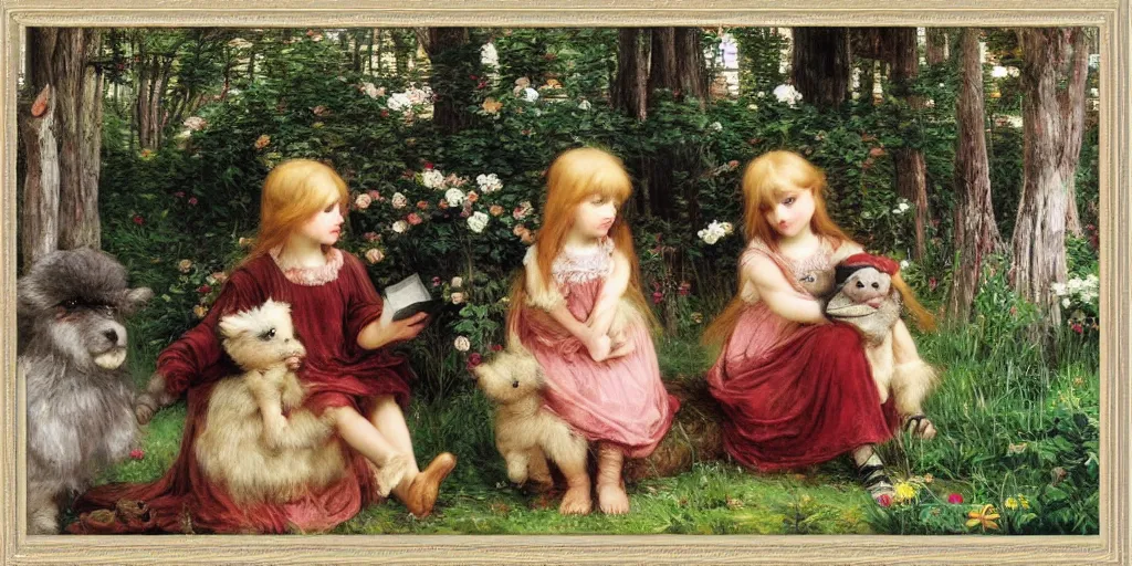 Prompt: 3 d precious moments plush animal, realistic fur, abby at the oakwood, master painter and art style of john william waterhouse and caspar david friedrich and philipp otto runge