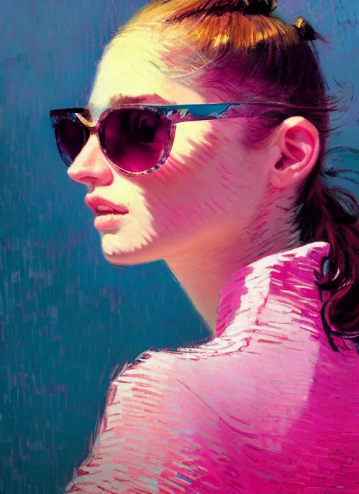 Prompt: portrait of a beautiful girl, sunglasses, nose piercing, shades of pink, beautiful face, rule of thirds, intricate outfit, spotlight, by greg rutkowski, by jeremy mann, by francoise nielly, by van gogh, digital painting