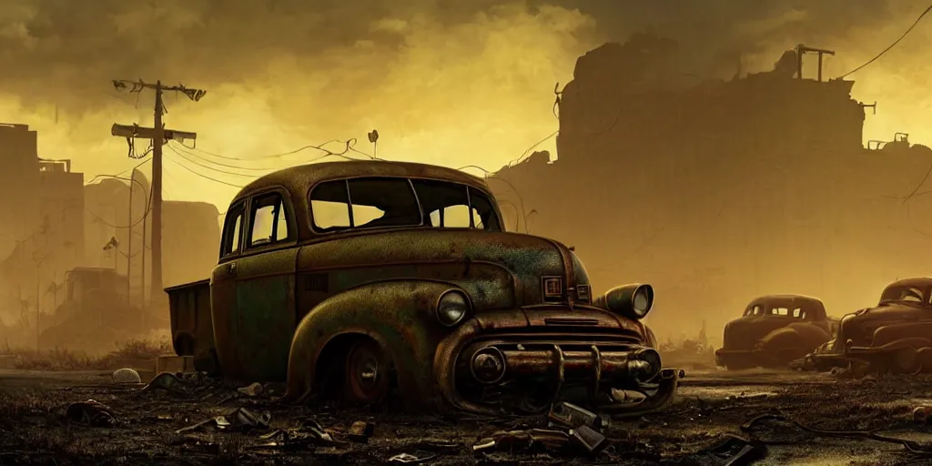 Image similar to fallout 5, ruined city environment, low density small town, rusted vintage cars and trucks, mysterious atmospheric lighting, matte painting, intricate, iridescent, volumetric lighting, beautiful, rich deep colours masterpiece, fog golden hour, golden ratio, sharp focus, ultra detailed, by leesha hannigan, ross tran, thierry doizon, kai carpenter, ignacio fernandez rios