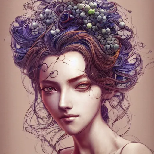 Image similar to the portrait of a blueberry that resembles an absurdly beautiful, graceful, elegant, sophisticated woman, an ultrafine hyperdetailed illustration by kim jung gi, irakli nadar, intricate linework, bright colors, octopath traveler, final fantasy, unreal engine 5 highly rendered, global illumination, radiant light, detailed and intricate environment